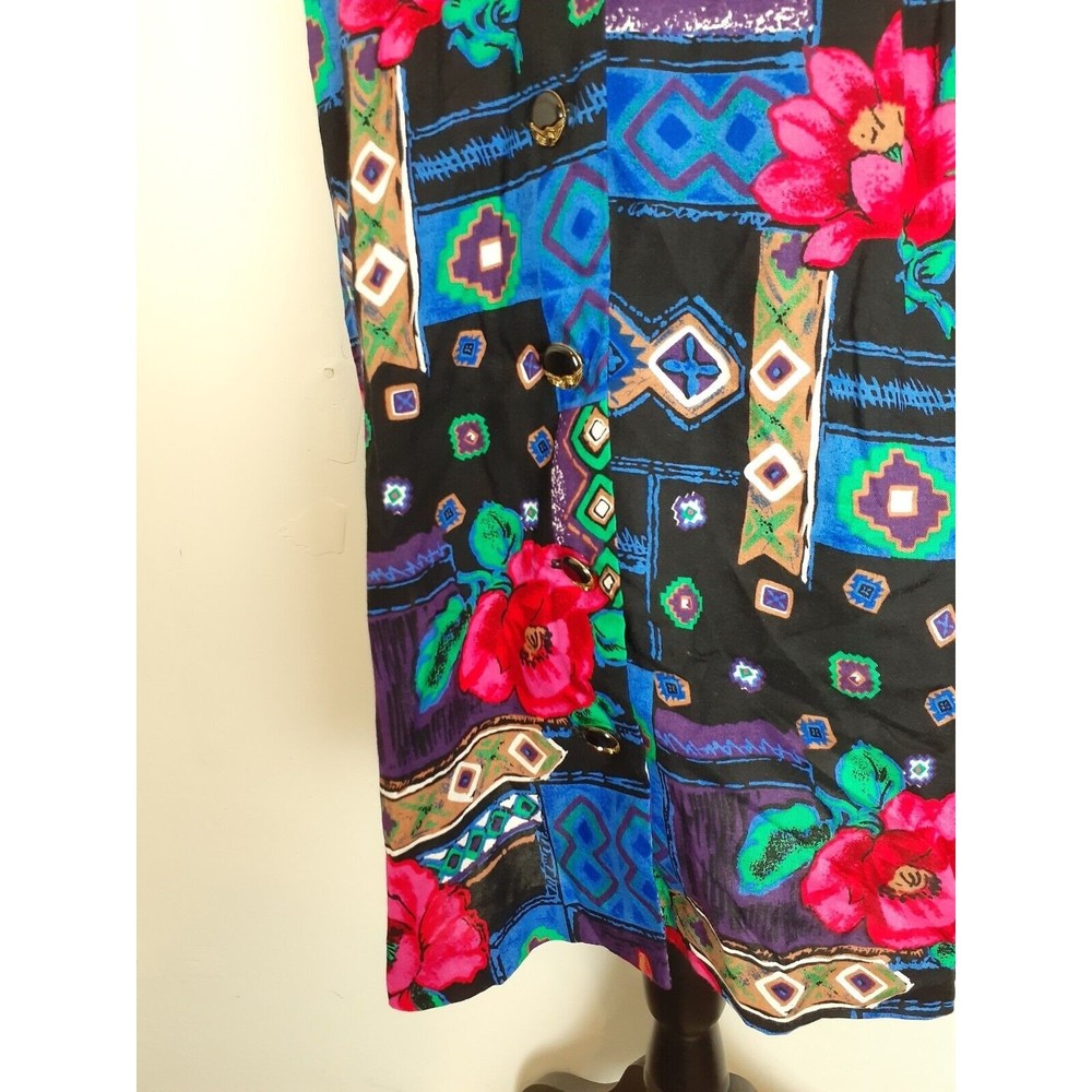 Vtg 80's Special Effects Midi Dress MP Black Floral Aztec Vibrant Smocked Rayon - Picture 5 of 13